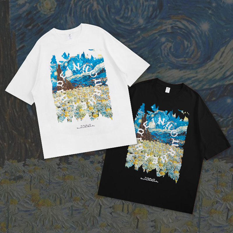 220GSM Alta Qualidade 100% Camiseta Divertida de Algodão com Impressão de Pintura Abstrata em Óleo Moda Ombro Caído Oversize Camisetas Masculinas