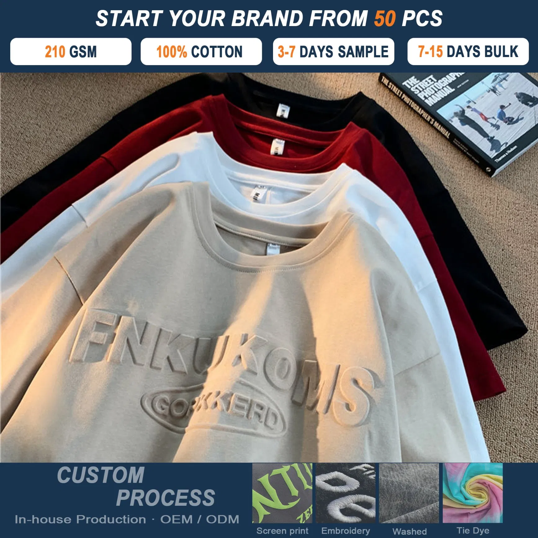 Camiseta de Alta Qualidade Lisa Clássica com Gola Redonda Puff Camiseta Pesada 260GSM 100% Camiseta Oversized de Algodão Orgânico Personalizada 3D Impressão de Logo Em relevo Camiseta Masculina