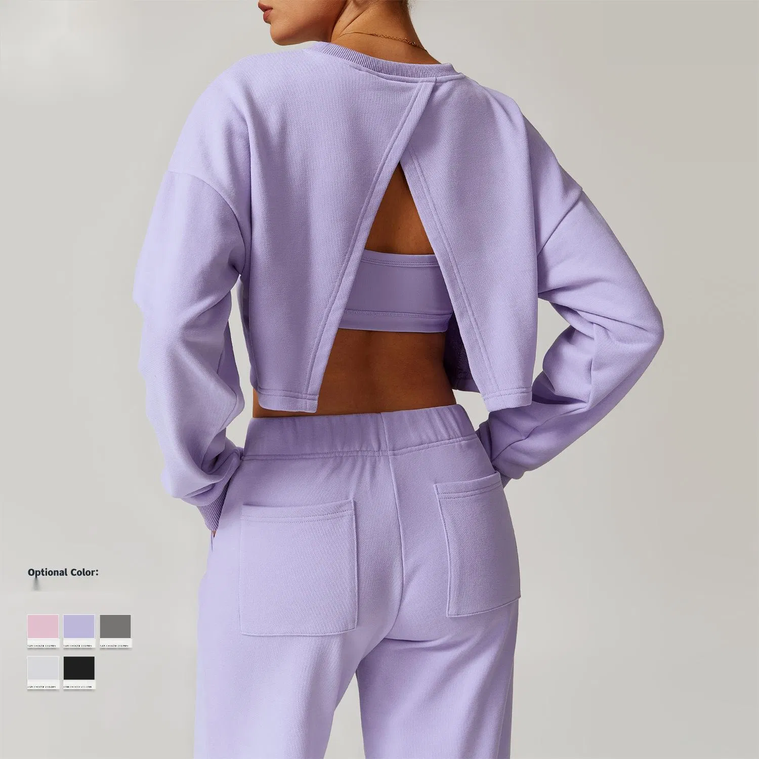 Moletom Cropped Feminino – Blusa de Manga Longa com Gola Redonda, Pulôver Solto para Exercícios com Costas Sobrepostas para Corrida e Treinamento