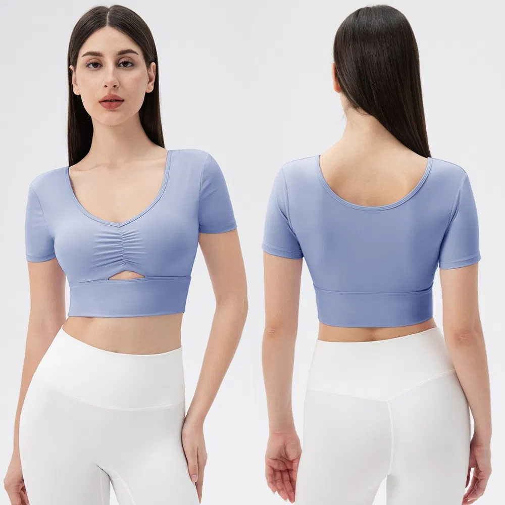 Novo Design Sexy Blusa de Treino Decote em V de Manga Curta para Mulheres, Tops de Atividade de Comprimento Cropped para Yoga e Pilates com Camisetas Tess e Sutiã