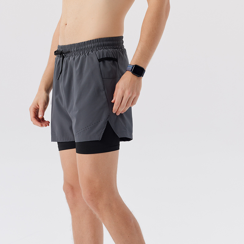 Calças curtas de secagem rápida de verão, dupla camada, anti-luz, com bolsa na cintura, para treinamento de basquete, corrida e uso casual para homens