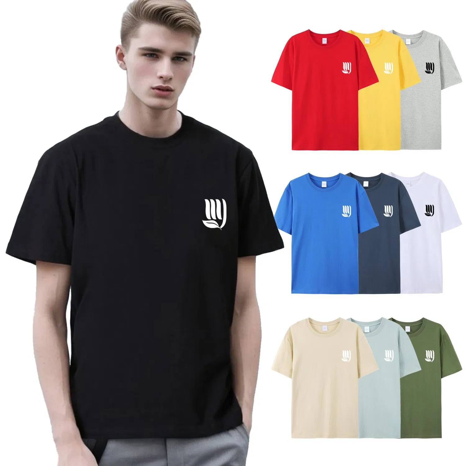 Camiseta masculina bordada personalizada, fonte fábrica da China, variedade de cores, tamanhos de camiseta