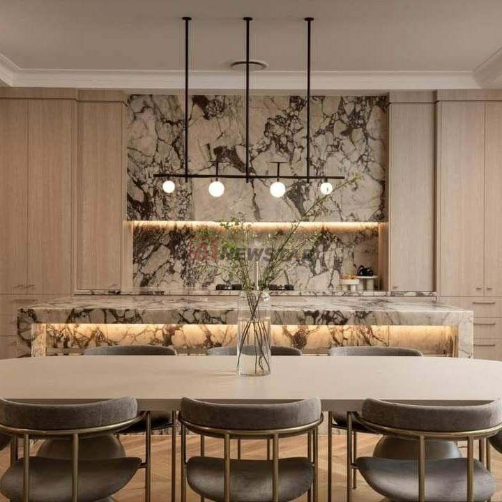 Bancadas de Mármore de Luxo para Armários de Cozinha Topo de Cozinha Personalizado com Design de Ilha e Coifa