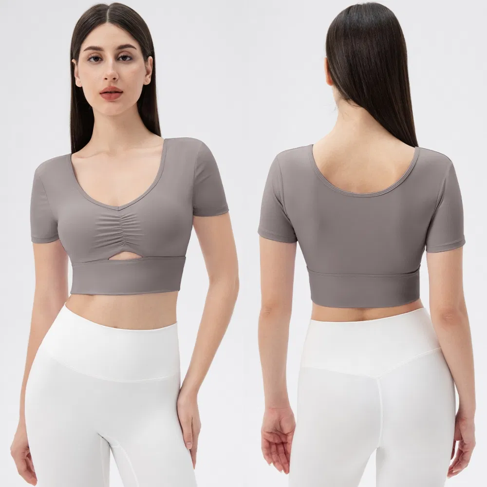 Novo Design Sexy Blusa de Treino Decote em V de Manga Curta para Mulheres, Tops de Atividade de Comprimento Cropped para Yoga e Pilates com Camisetas Tess e Sutiã