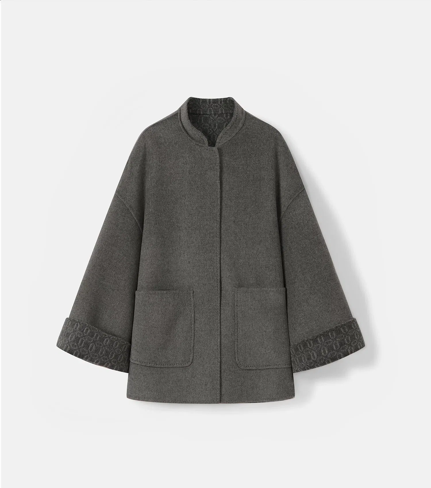 Fabricante de alta qualidade, casaco de inverno de moda personalizado, tamanho médio, design jacquard interno, casaco de cashmere e lã dupla face para mulheres, com mangas largas