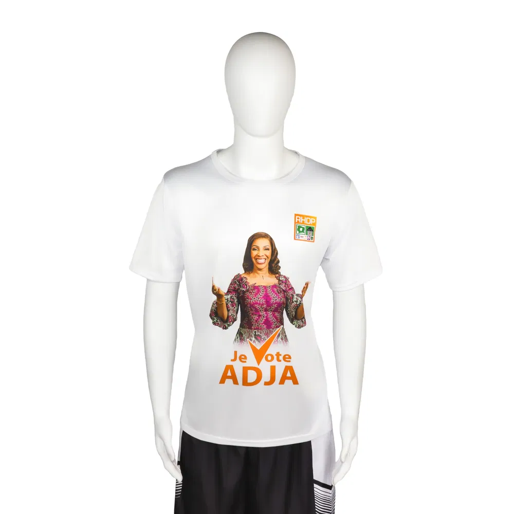 Camiseta impressa de poliéster barato para uso em eleições brancas personalizada