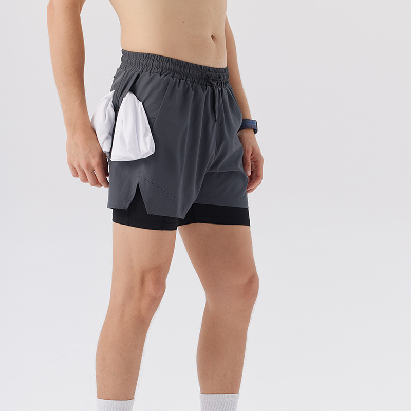 Calças curtas de secagem rápida de verão, dupla camada, anti-luz, com bolsa na cintura, para treinamento de basquete, corrida e uso casual para homens