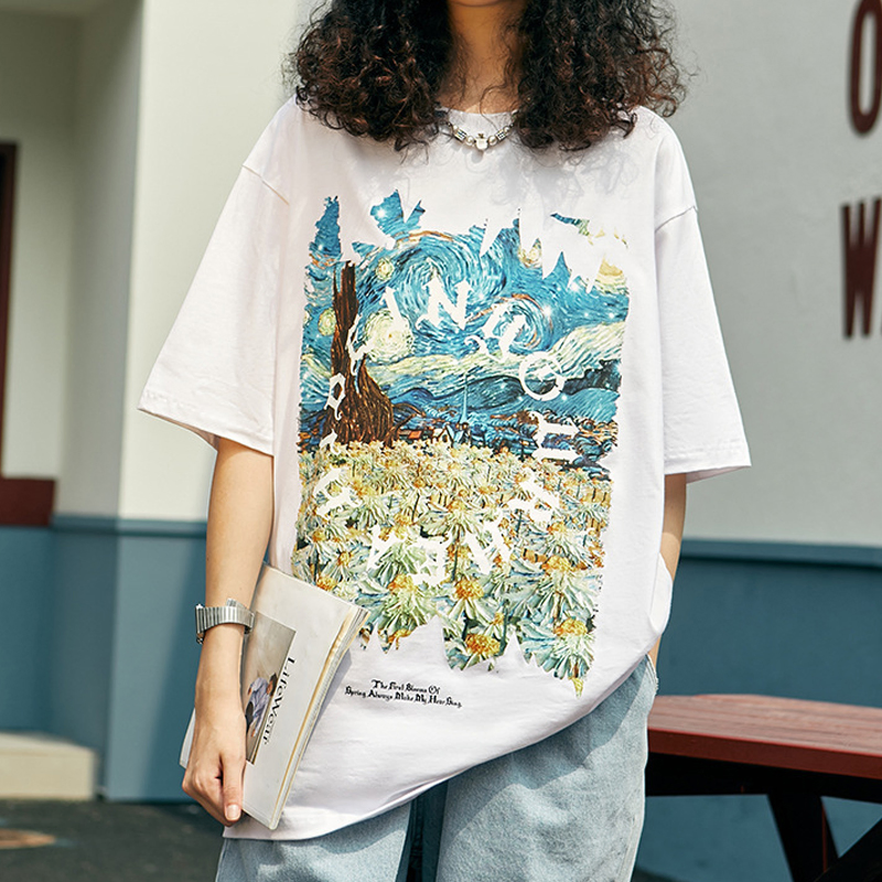 220GSM Alta Qualidade 100% Camiseta Divertida de Algodão com Impressão de Pintura Abstrata em Óleo Moda Ombro Caído Oversize Camisetas Masculinas