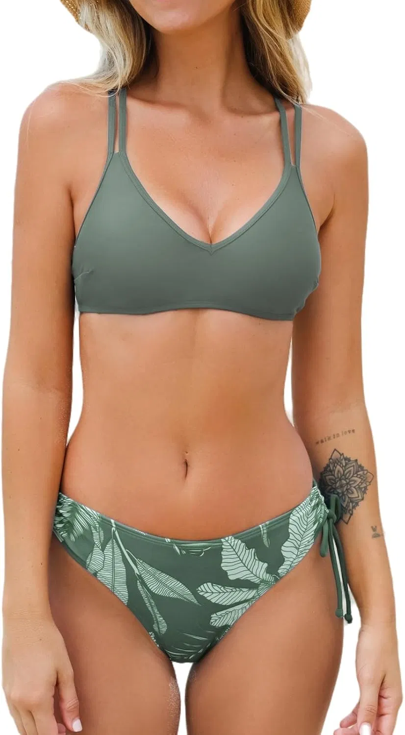 Conjunto de Biquíni Feminino de Dois Peças com Costas Cruzadas e Lados com Duplas Alças