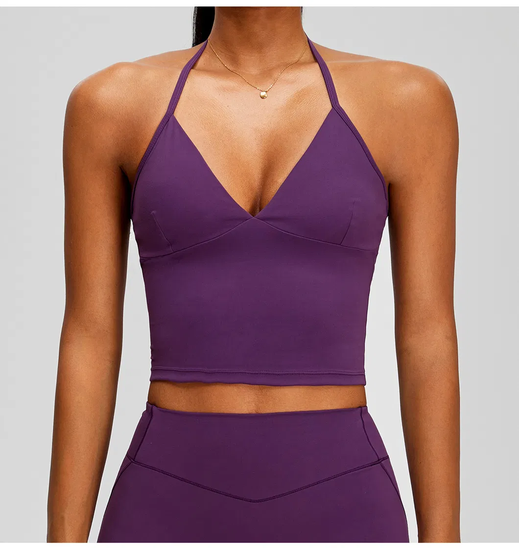 Top de Yoga Cropped com Decote em V e Alto Suporte para Mulheres, com Tecido de Spandex de Quatro Direções para Atividades de Yoga e Logotipo Personalizado