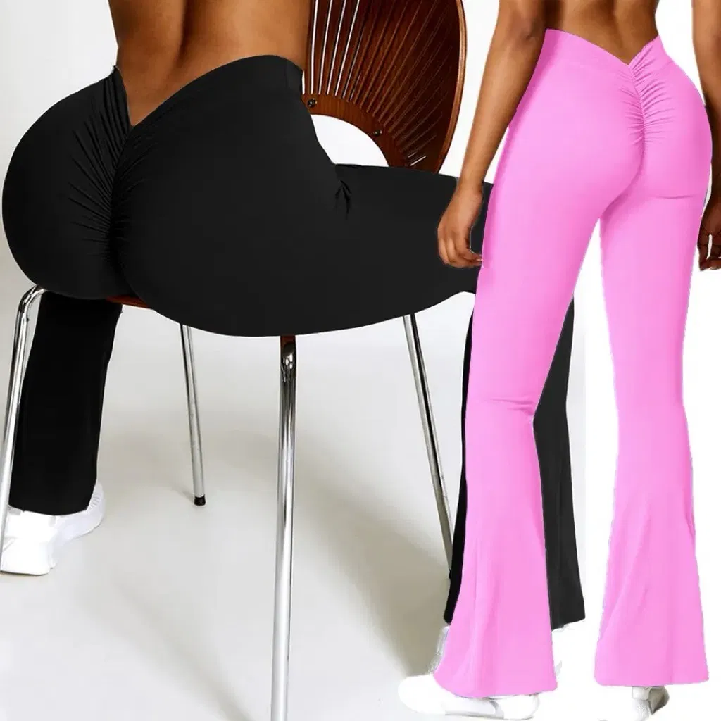 Calças de ioga flared com costas em V personalizadas de alta qualidade para mulheres, vestido esportivo para ginásio e corrida, leggings com efeito de bumbum
