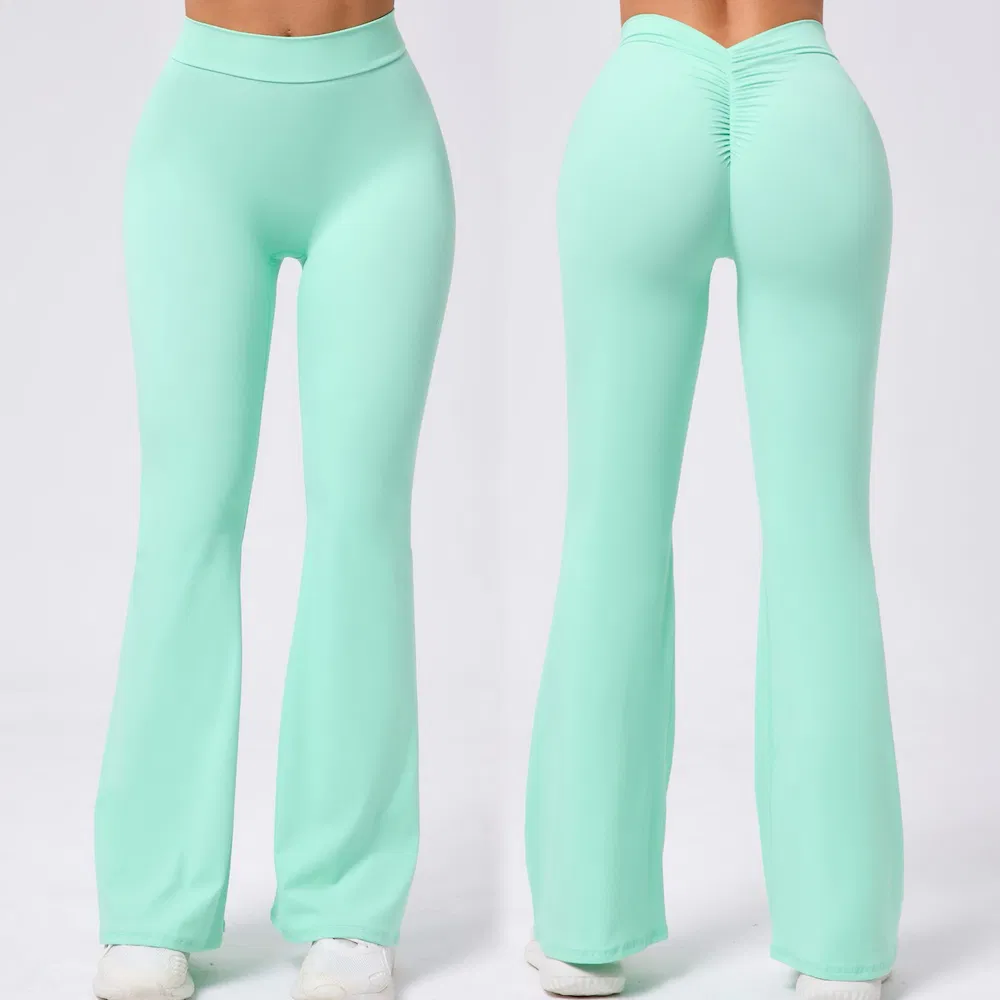 Calças de ioga flared com costas em V personalizadas de alta qualidade para mulheres, vestido esportivo para ginásio e corrida, leggings com efeito de bumbum