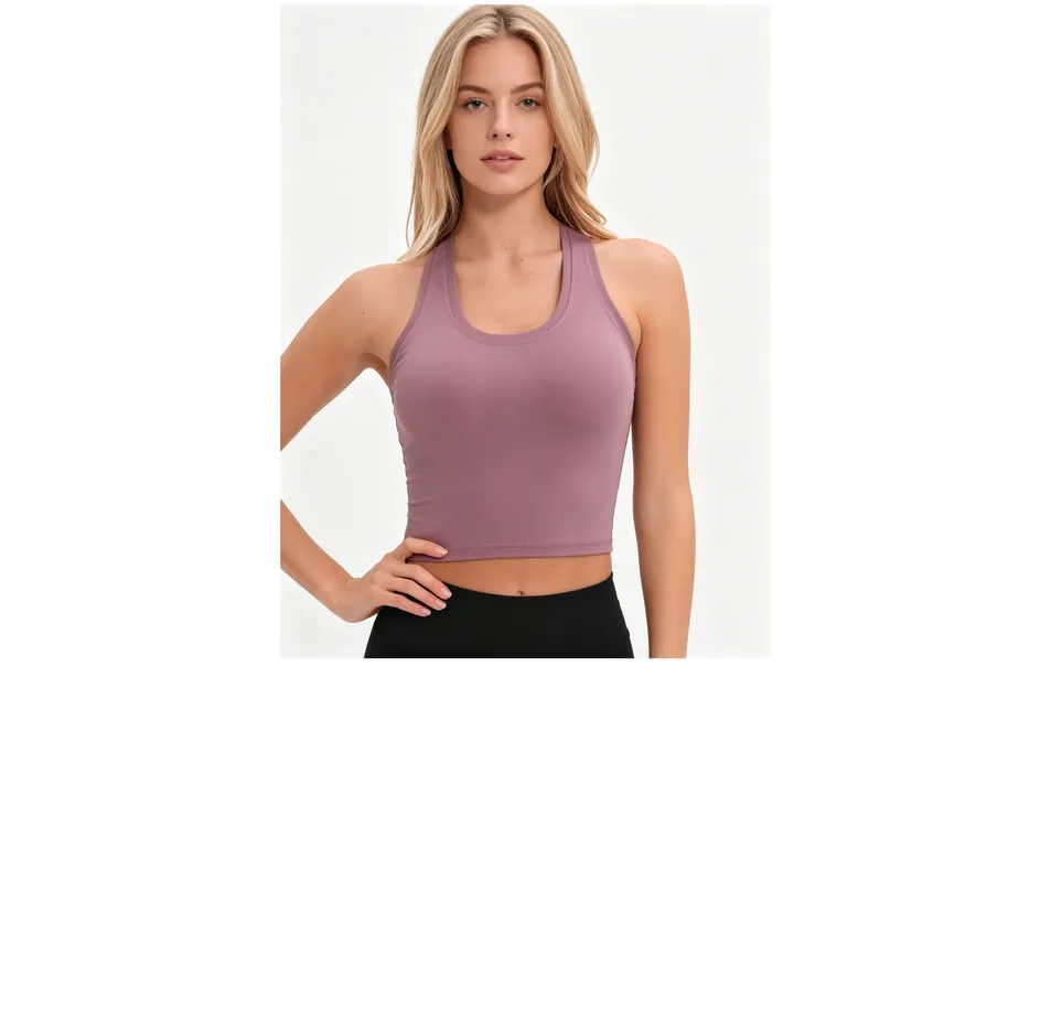 Top de treino cropped para yoga e academia, com suporte embutido, feito de nylon e spandex, com alças racerback