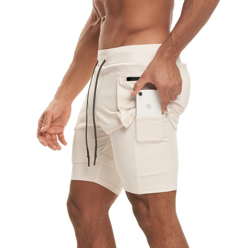 Shorts de Fitness de Dupla Camada para Homens, Cor Sólida, Respirável, Calças de Corrida e Treinamento