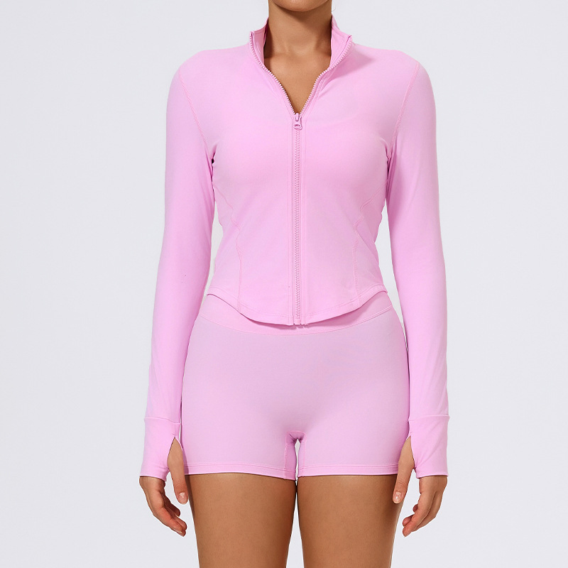 Jaqueta de treino feminina com zíper completo, blusa atlética cropped com buracos para os polegares, barra em V que afina, secagem rápida, corrida, ioga, vestuário casual