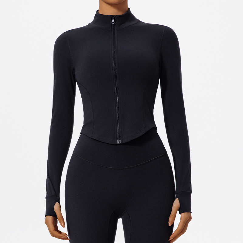 Jaqueta de treino feminina com zíper completo, blusa atlética cropped com buracos para os polegares, barra em V que afina, secagem rápida, corrida, ioga, vestuário casual