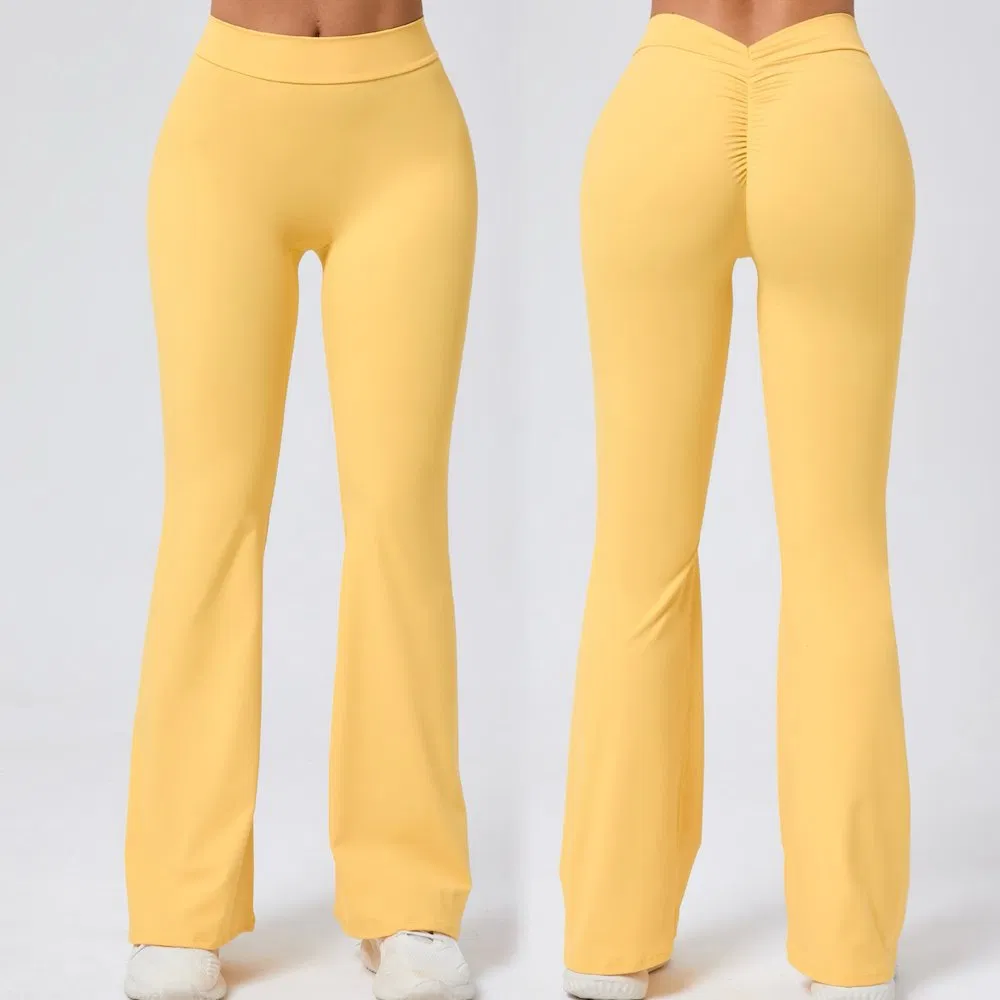 Calças de ioga flared com costas em V personalizadas de alta qualidade para mulheres, vestido esportivo para ginásio e corrida, leggings com efeito de bumbum