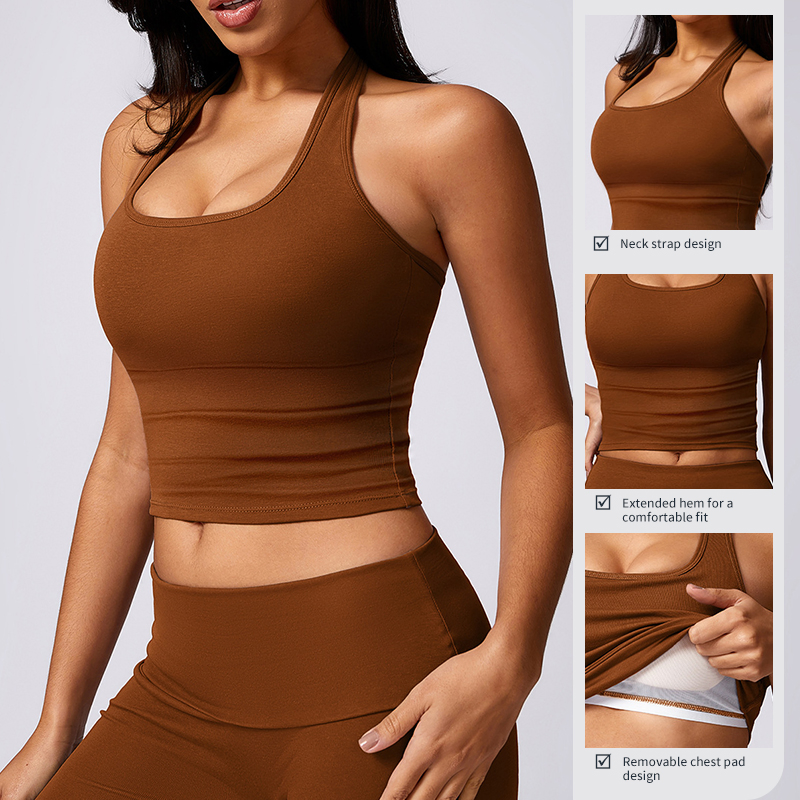 Top de treino cropped feminino com alças, sutiã embutido e acolchoado para ioga e esportes