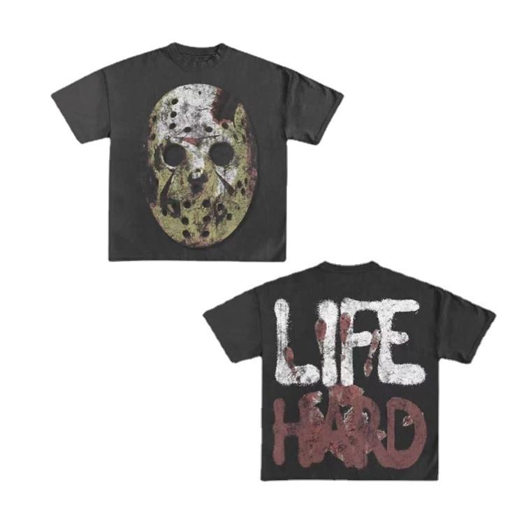Fabricante Designer Moda Urbana Estampada em Graffiti Camiseta Masculina Atacado Personalizada Vintage Camiseta Pesada Lavagem Ácida