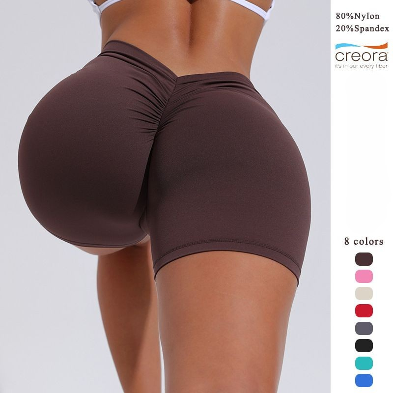 Calças curtas de treino esportivo para mulheres, de nylon, com cintura alta, costas em V e efeito de franzido no bumbum
