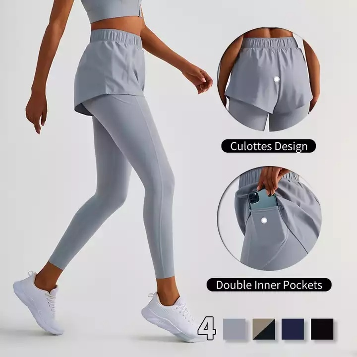 Mulheres 2 em 1 Fitness Esportes Yoga Leggings Falsas 2-Piece Leggings de Compressão Calças de Ginástica Atléticas