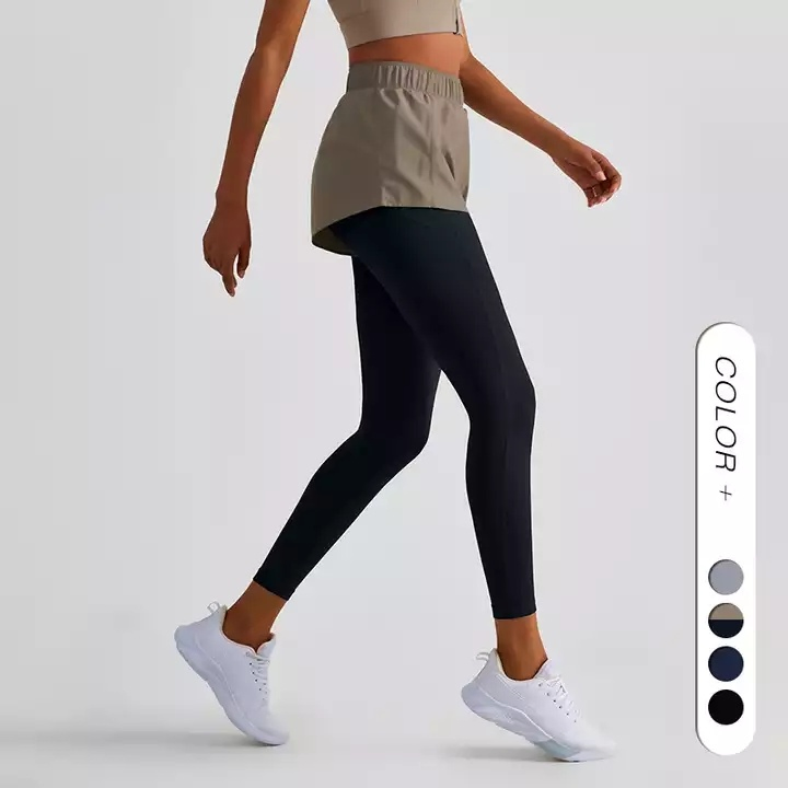Mulheres 2 em 1 Fitness Esportes Yoga Leggings Falsas 2-Piece Leggings de Compressão Calças de Ginástica Atléticas