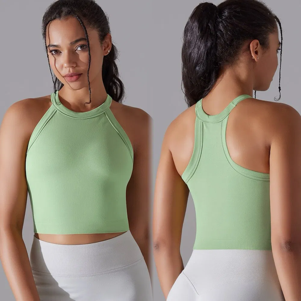 Roupas de ginástica por atacado da fábrica Tianchen, top cropped de treino para mulheres, camiseta sem costura personalizada com logotipo, blusas de fitness elegantes com sutiã