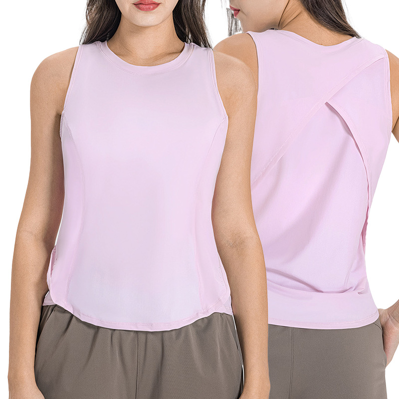 Camisas de treino personalizadas com logo, tecido que absorve a umidade, costura baggy, blusa respirável com alças cruzadas para esportes, academia, yoga