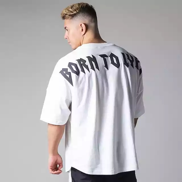 Camiseta Masculina de Fitness em Algodão Personalizado com Impressão em Espuma Puff Grande nas Costas, Ombro Caído, Streetwear Pesada, Camiseta Boxy Oversized