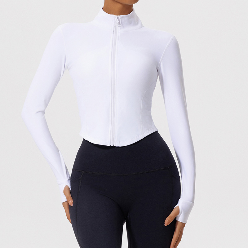 Jaqueta de treino feminina com zíper completo, blusa atlética cropped com buracos para os polegares, barra em V que afina, secagem rápida, corrida, ioga, vestuário casual