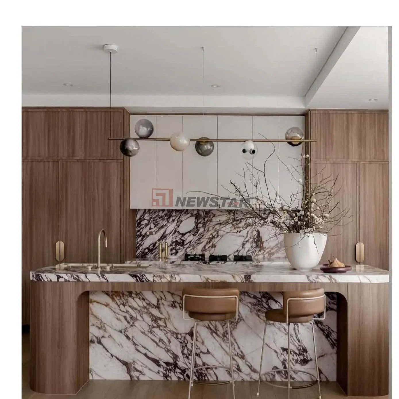 Bancadas de Mármore de Luxo para Armários de Cozinha Topo de Cozinha Personalizado com Design de Ilha e Coifa