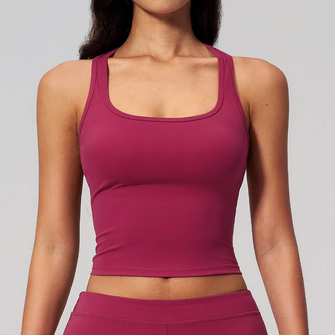 Top de Yoga Feminino Cropped com Decote Quadrado e Alças Racerback, com Almofadas Removíveis, Ajuste Slim, Realça a Clavícula, Respirável para Treino