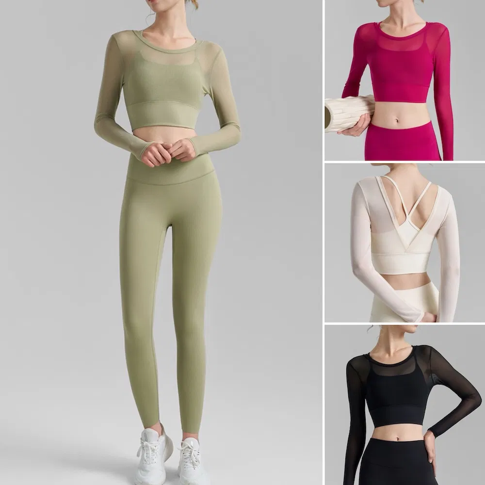 Nova Chegada 2 em 1 Conjunto de Fitness de Malha para Yoga e Pilates, Blusa Cropped de Manga Longa para Mulheres, Tops Ativos Cropped com Almofadas Fixas para o Peito