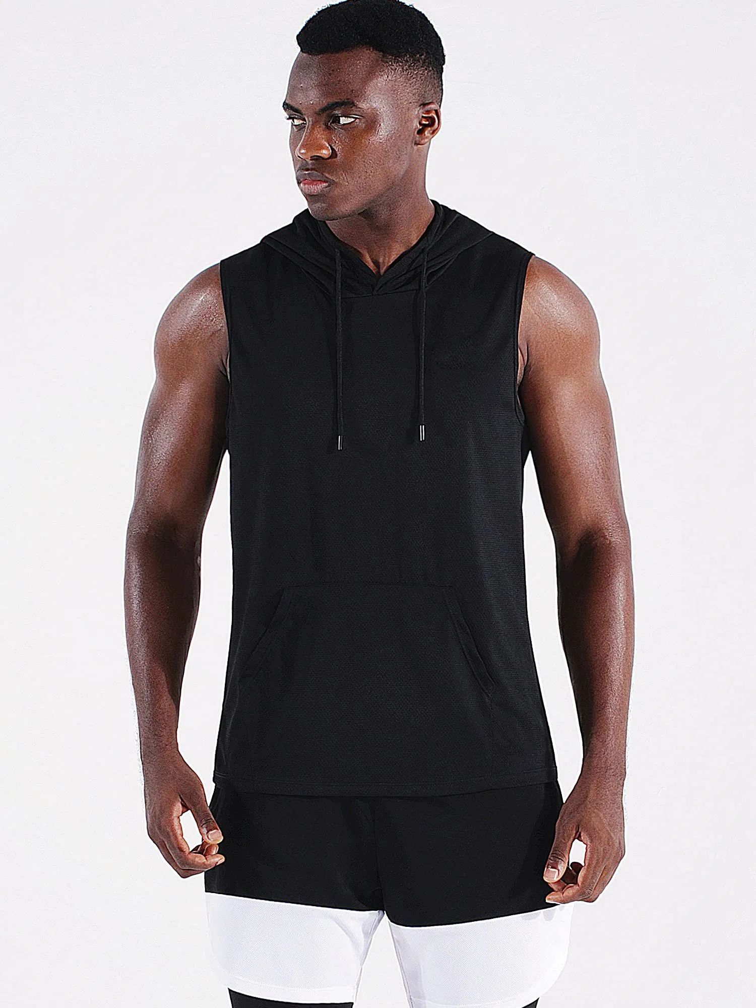 Camisetas de corrida masculinas sem mangas leves para treino, camisetas atléticas com capuz, tops de poliéster para academia, roupas de fitness