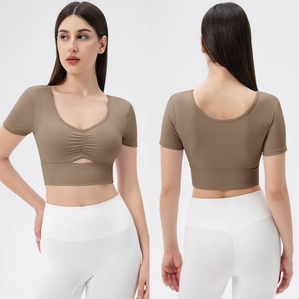Novo Design Sexy Blusa de Treino Decote em V de Manga Curta para Mulheres, Tops de Atividade de Comprimento Cropped para Yoga e Pilates com Camisetas Tess e Sutiã