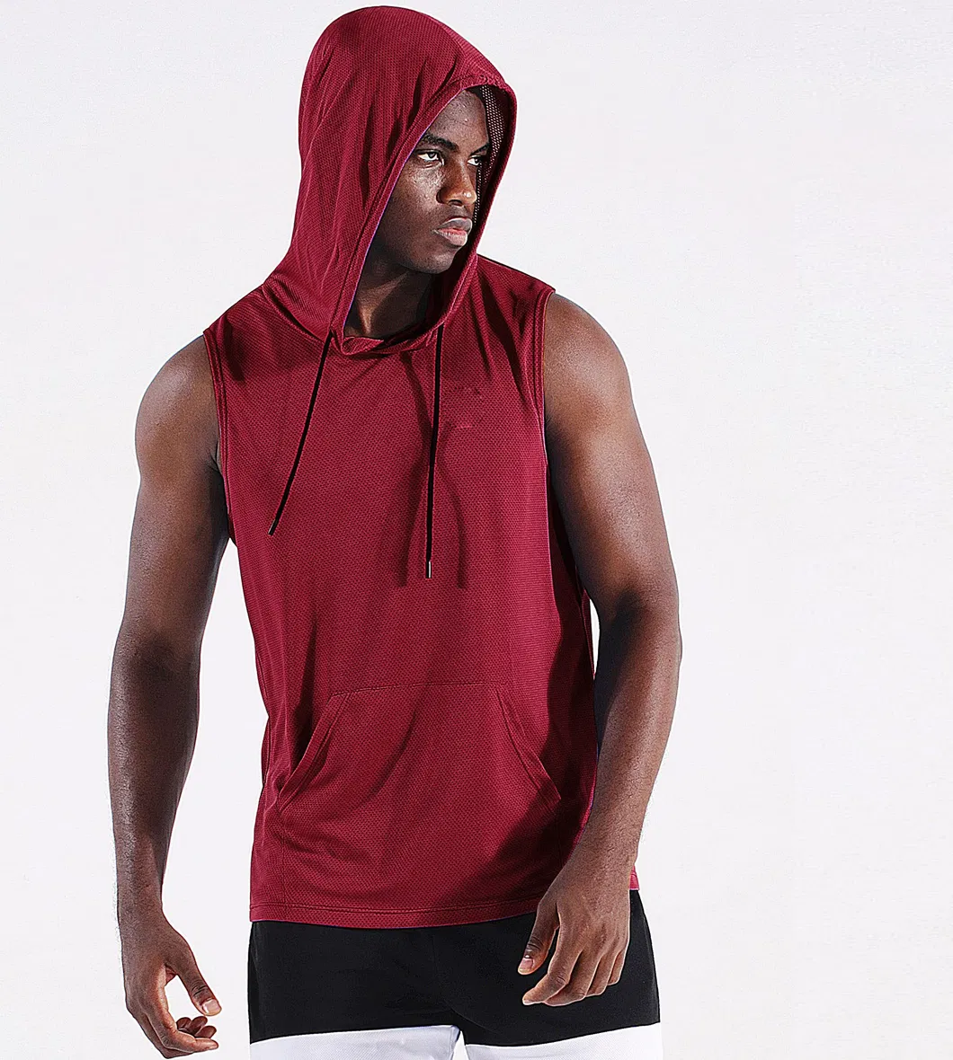Camisetas de corrida masculinas sem mangas leves para treino, camisetas atléticas com capuz, tops de poliéster para academia, roupas de fitness