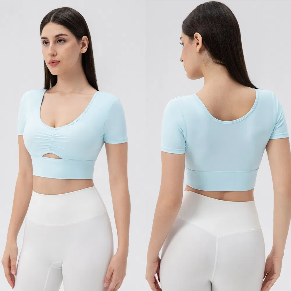 Novo Design Sexy Blusa de Treino Decote em V de Manga Curta para Mulheres, Tops de Atividade de Comprimento Cropped para Yoga e Pilates com Camisetas Tess e Sutiã