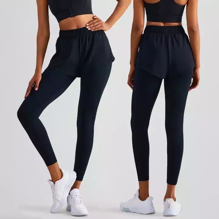 Mulheres 2 em 1 Fitness Esportes Yoga Leggings Falsas 2-Piece Leggings de Compressão Calças de Ginástica Atléticas