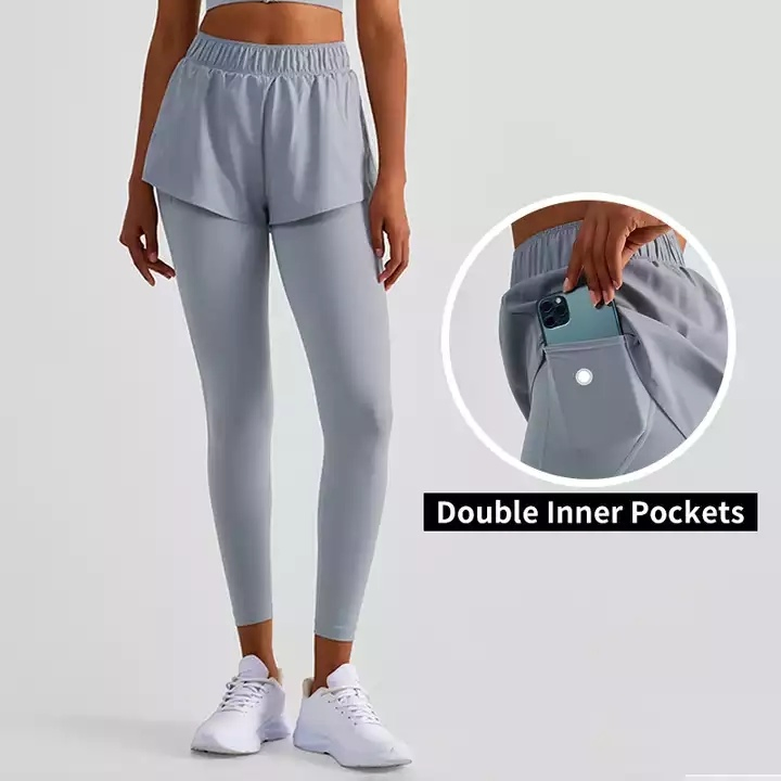 Mulheres 2 em 1 Fitness Esportes Yoga Leggings Falsas 2-Piece Leggings de Compressão Calças de Ginástica Atléticas