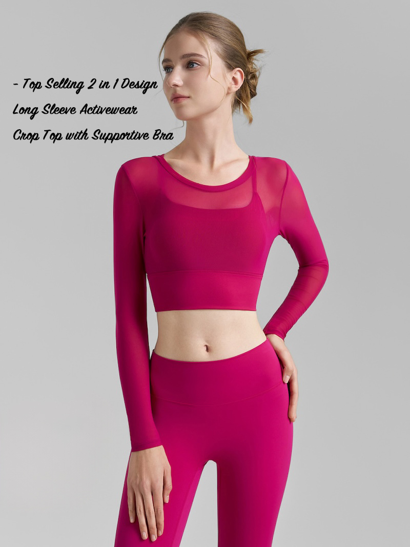 Nova Chegada 2 em 1 Conjunto de Fitness de Malha para Yoga e Pilates, Blusa Cropped de Manga Longa para Mulheres, Tops Ativos Cropped com Almofadas Fixas para o Peito