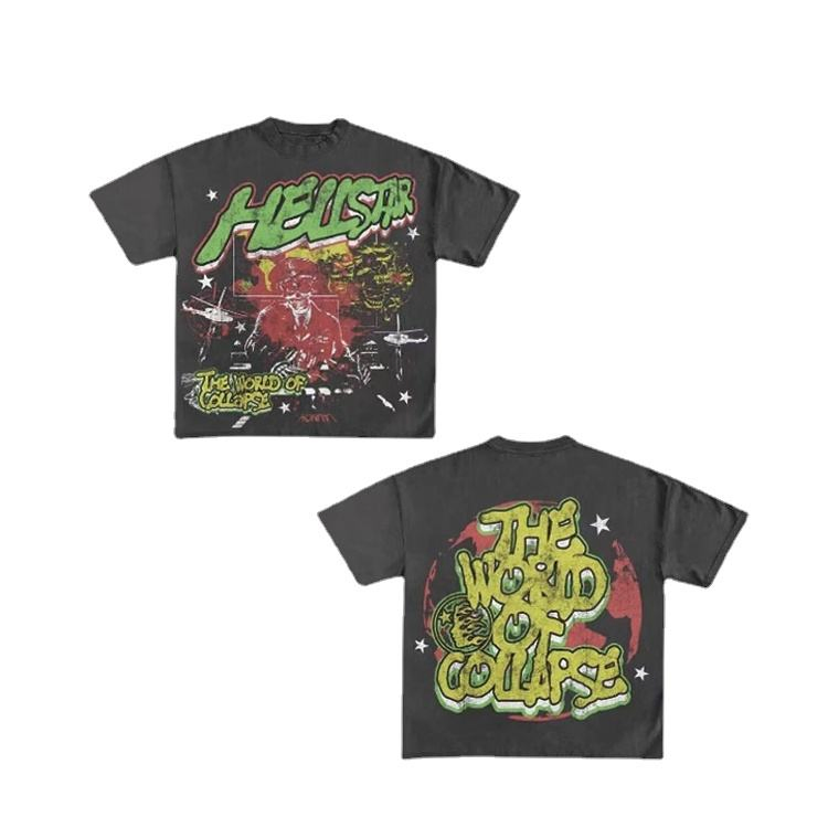 Fabricante Designer Moda Urbana Estampada em Graffiti Camiseta Masculina Atacado Personalizada Vintage Camiseta Pesada Lavagem Ácida
