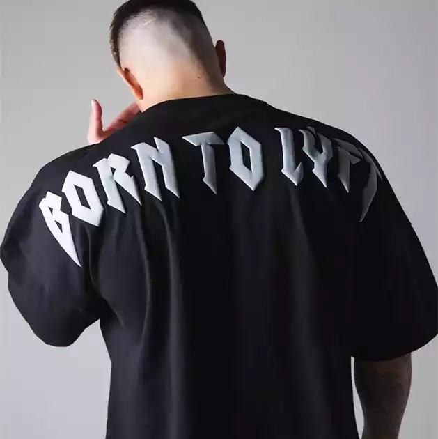 Camiseta Masculina de Fitness em Algodão Personalizado com Impressão em Espuma Puff Grande nas Costas, Ombro Caído, Streetwear Pesada, Camiseta Boxy Oversized