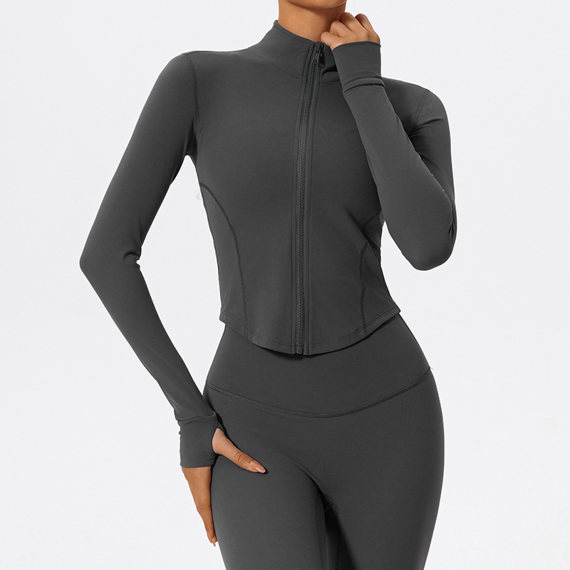 Jaqueta de treino feminina com zíper completo, blusa atlética cropped com buracos para os polegares, barra em V que afina, secagem rápida, corrida, ioga, vestuário casual