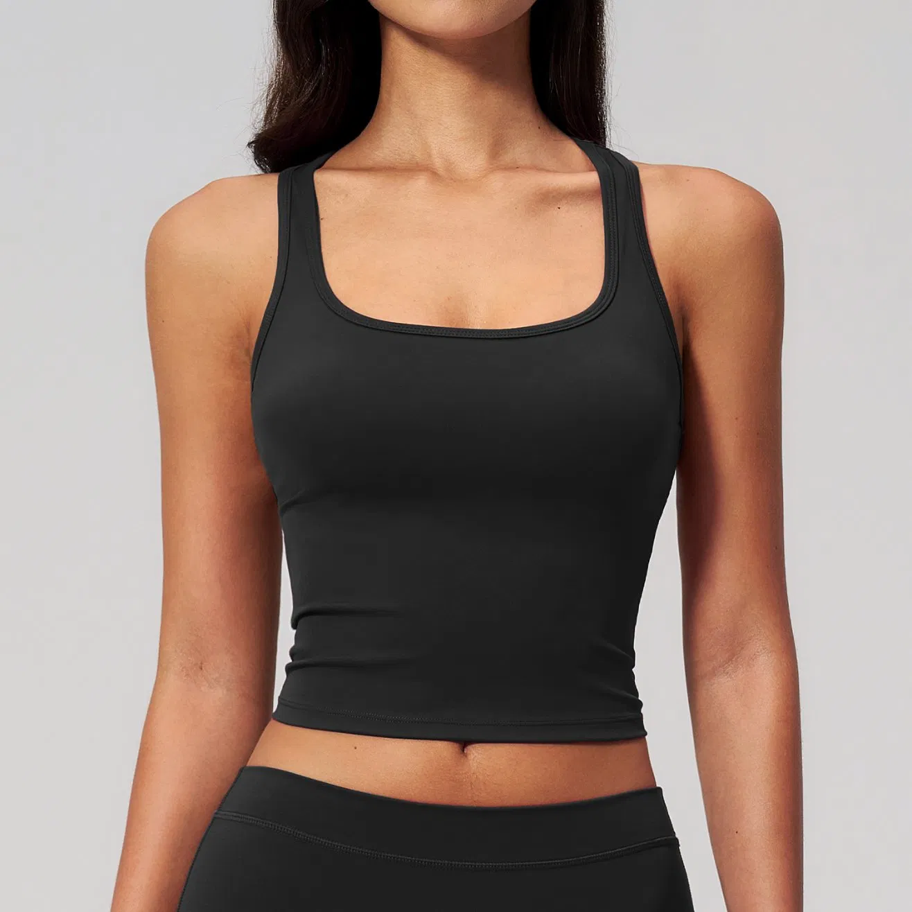 Top de Yoga Feminino Cropped com Decote Quadrado e Alças Racerback, com Almofadas Removíveis, Ajuste Slim, Realça a Clavícula, Respirável para Treino