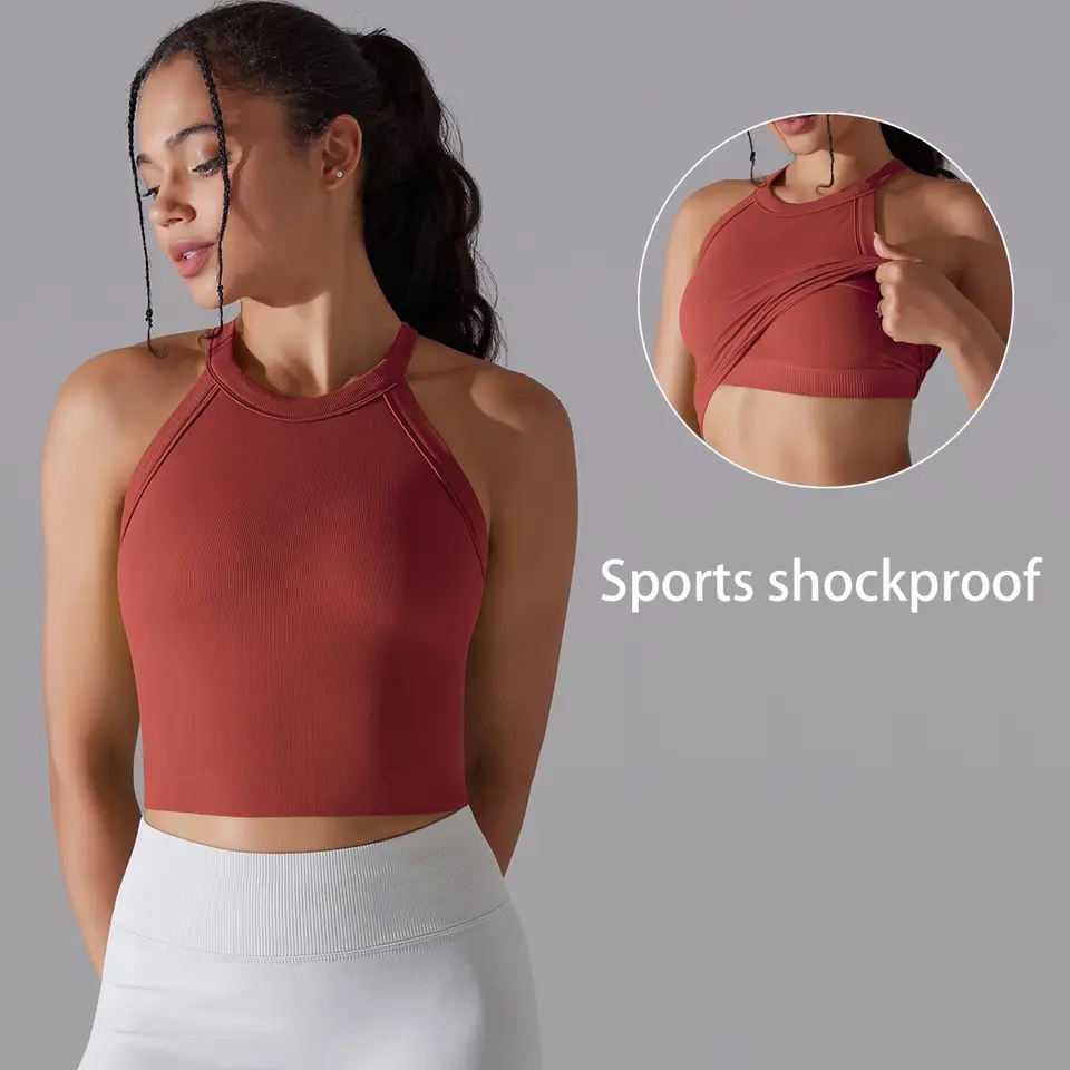 Roupas de ginástica por atacado da fábrica Tianchen, top cropped de treino para mulheres, camiseta sem costura personalizada com logotipo, blusas de fitness elegantes com sutiã