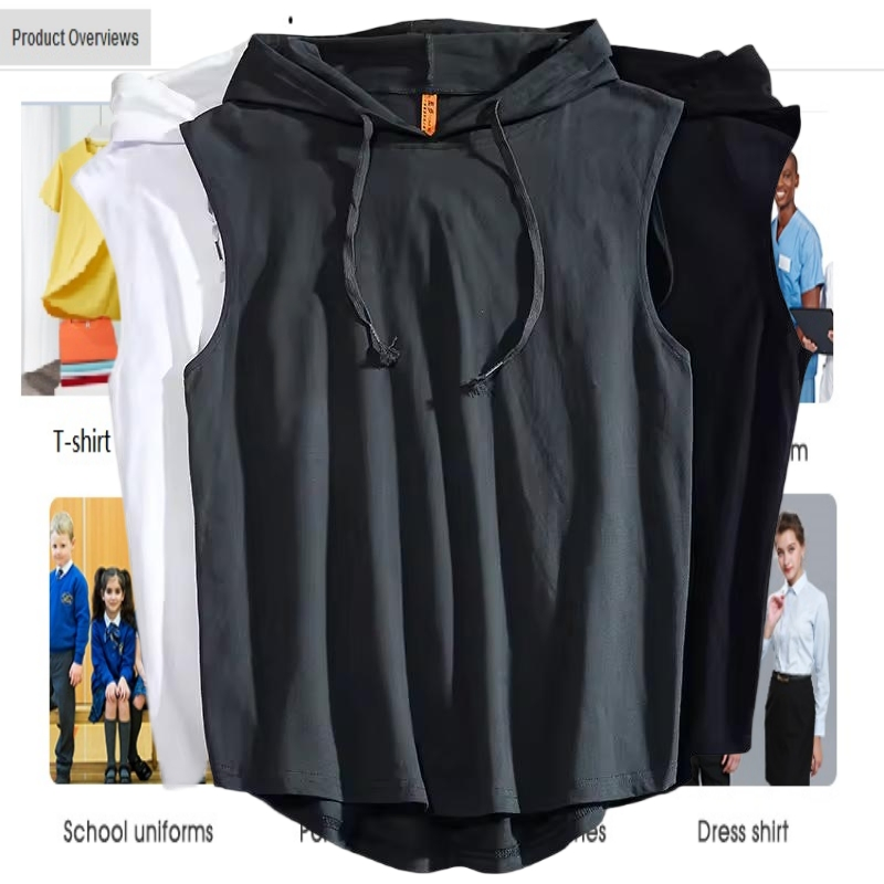 Camisetas sem mangas de corrida para homens em algodão, camisas atléticas de treino com capuz, camisetas ativas secas com capuz e cordão
