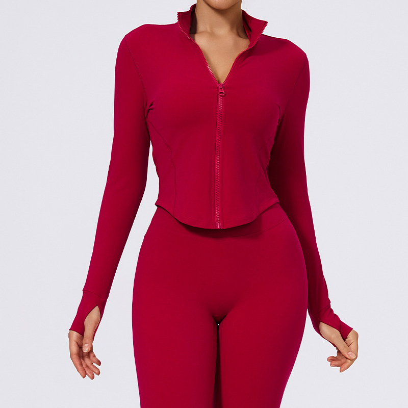 Jaqueta de treino feminina com zíper completo, blusa atlética cropped com buracos para os polegares, barra em V que afina, secagem rápida, corrida, ioga, vestuário casual