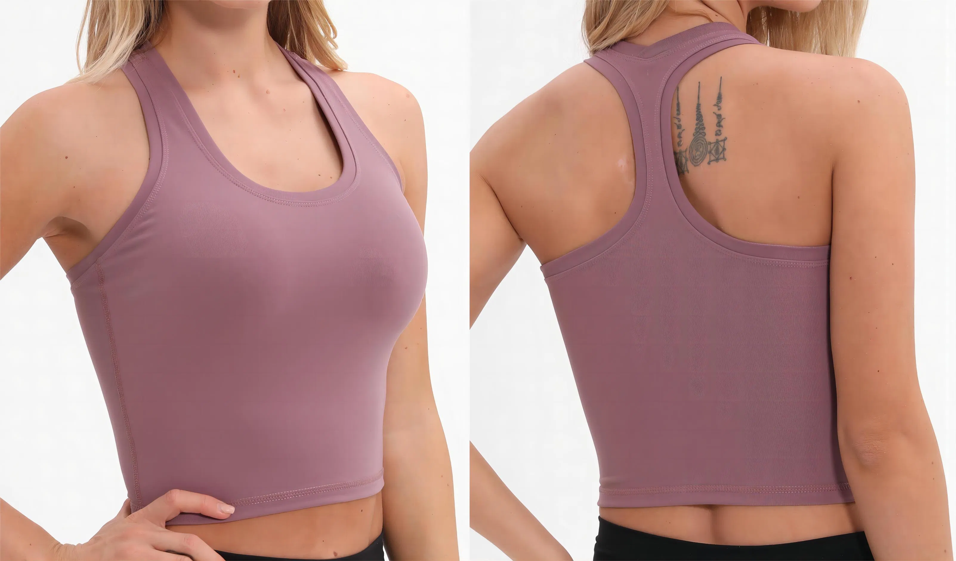 Top de treino cropped para yoga e academia, com suporte embutido, feito de nylon e spandex, com alças racerback