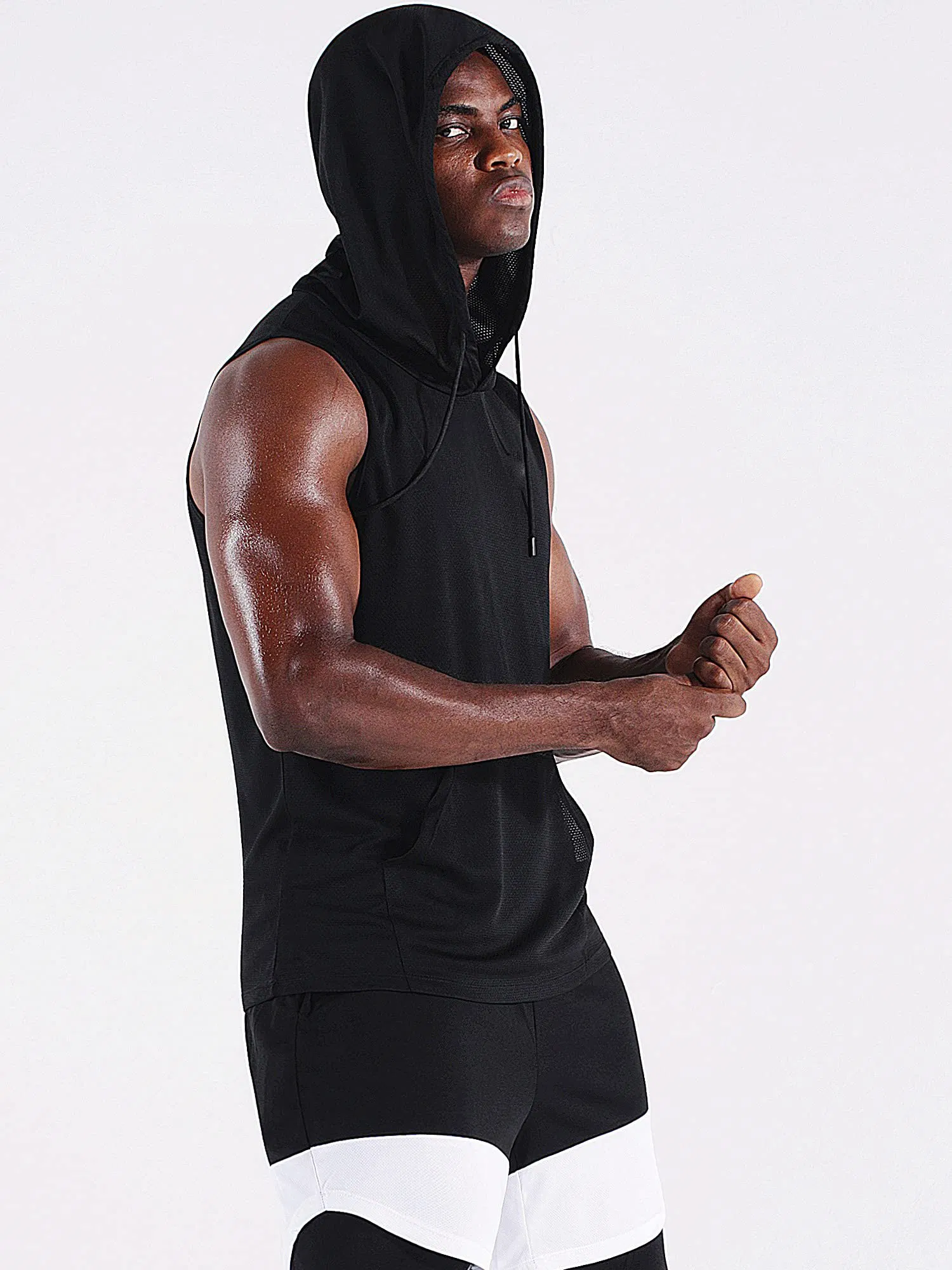 Camisetas de corrida masculinas sem mangas leves para treino, camisetas atléticas com capuz, tops de poliéster para academia, roupas de fitness