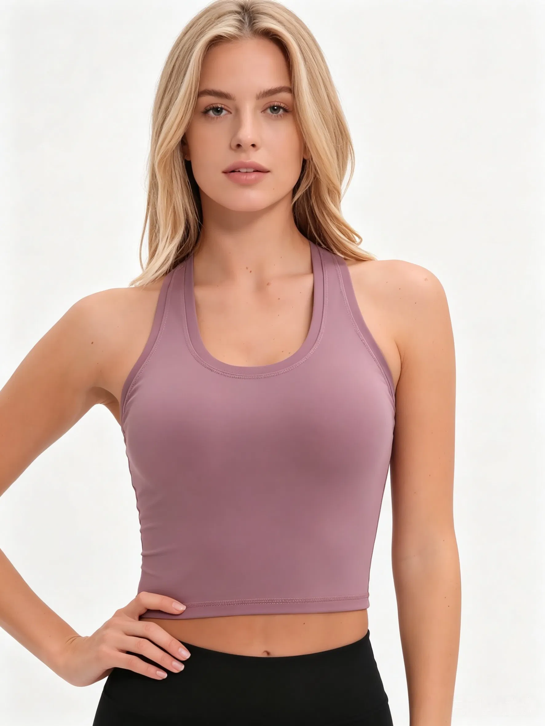 Top de treino cropped para yoga e academia, com suporte embutido, feito de nylon e spandex, com alças racerback